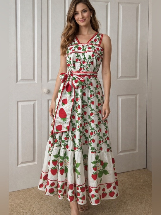 Sue Sartor Strawberry Garden Maxi Dress Handcrafted Cotton Sash Waist NWT $295 S | Poshmark