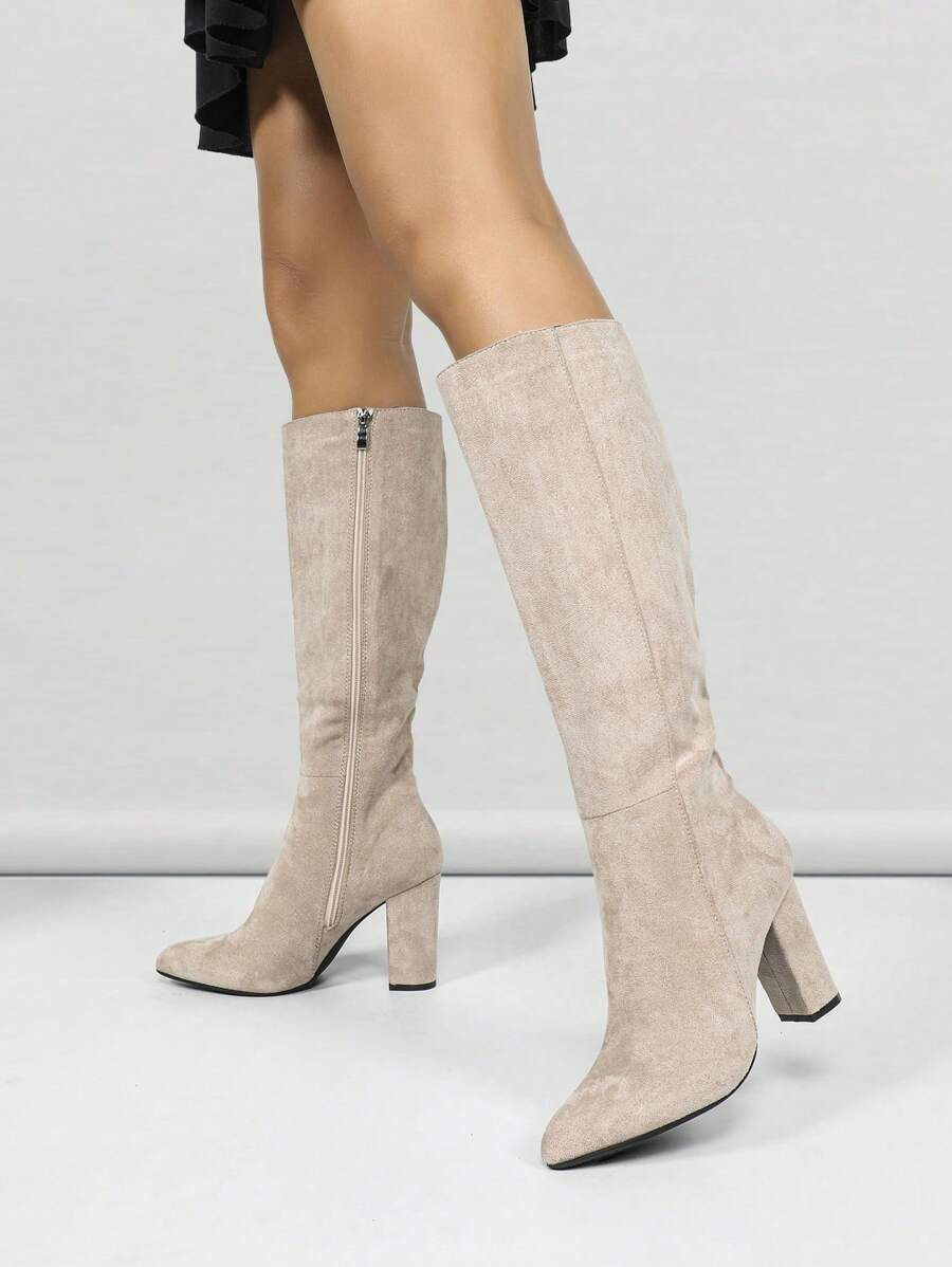 Women's Side Zipper Chunky Heel Over-The-Knee Boots, Retro Apricot Fashion Pointed Toe Boots, Hig... | SHEIN