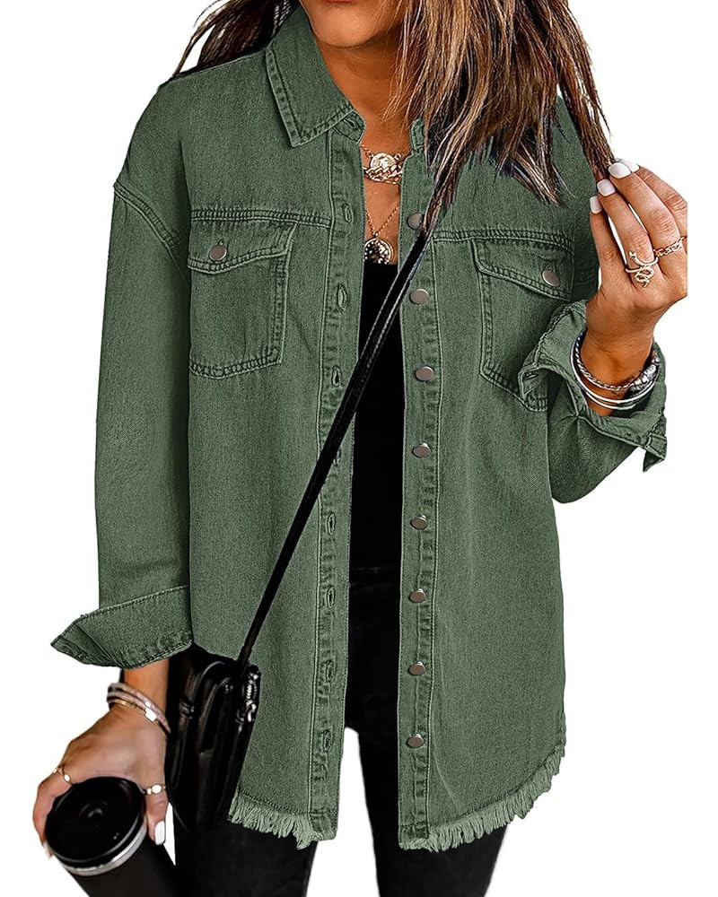 Vetinee Women’s Oversized Button Up Frayed Hem Shacket Long Sleeve Pockets Denim Jean Jacket | Amazon (US)
