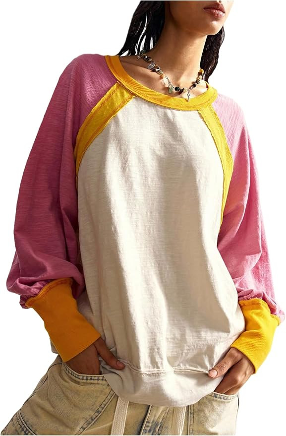 WDIRARA Women's Color Block T Shirts Crew Neck Long Raglan Sleeve Tee Loose Tops | Amazon (US)