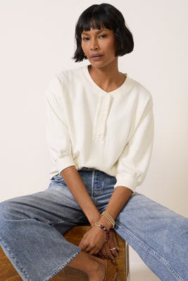 BOBI Women's Bryn Boxy Henley Top, Size Medium, Fadedbone White | Evereve
