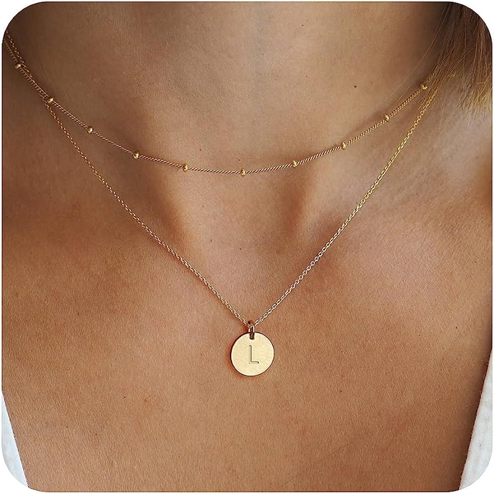 Layered Initial Necklaces for Women 14K Gold Plated Letter Necklace Dainty Gold Layering Necklace... | Amazon (US)