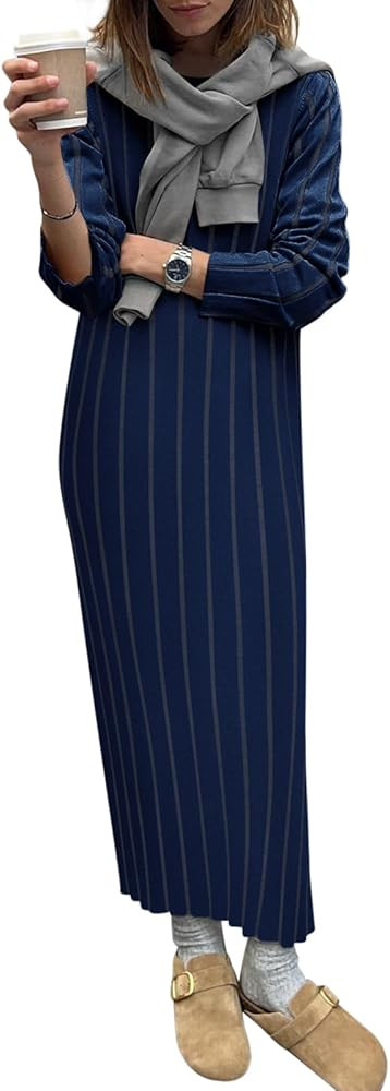 Yousify Womens 2024 Trendy Fall Long Sleeve Sweater Dresses Casual Round Neck Split Hem Bodycon S... | Amazon (US)