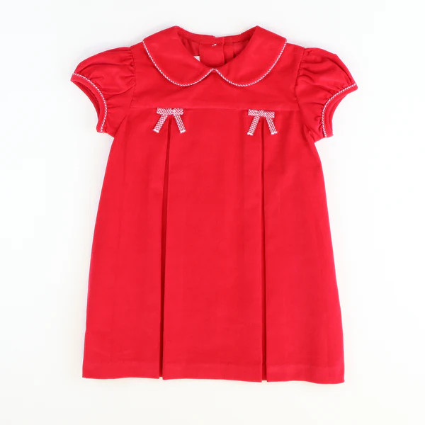 Collared Bow Dress - Red Corduroy | Southern Smocked Co.