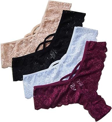 4 Pack Women's Lace Thongs Bikini Panties Sexy Lingerie Panty G-String Underwear | Amazon (US)