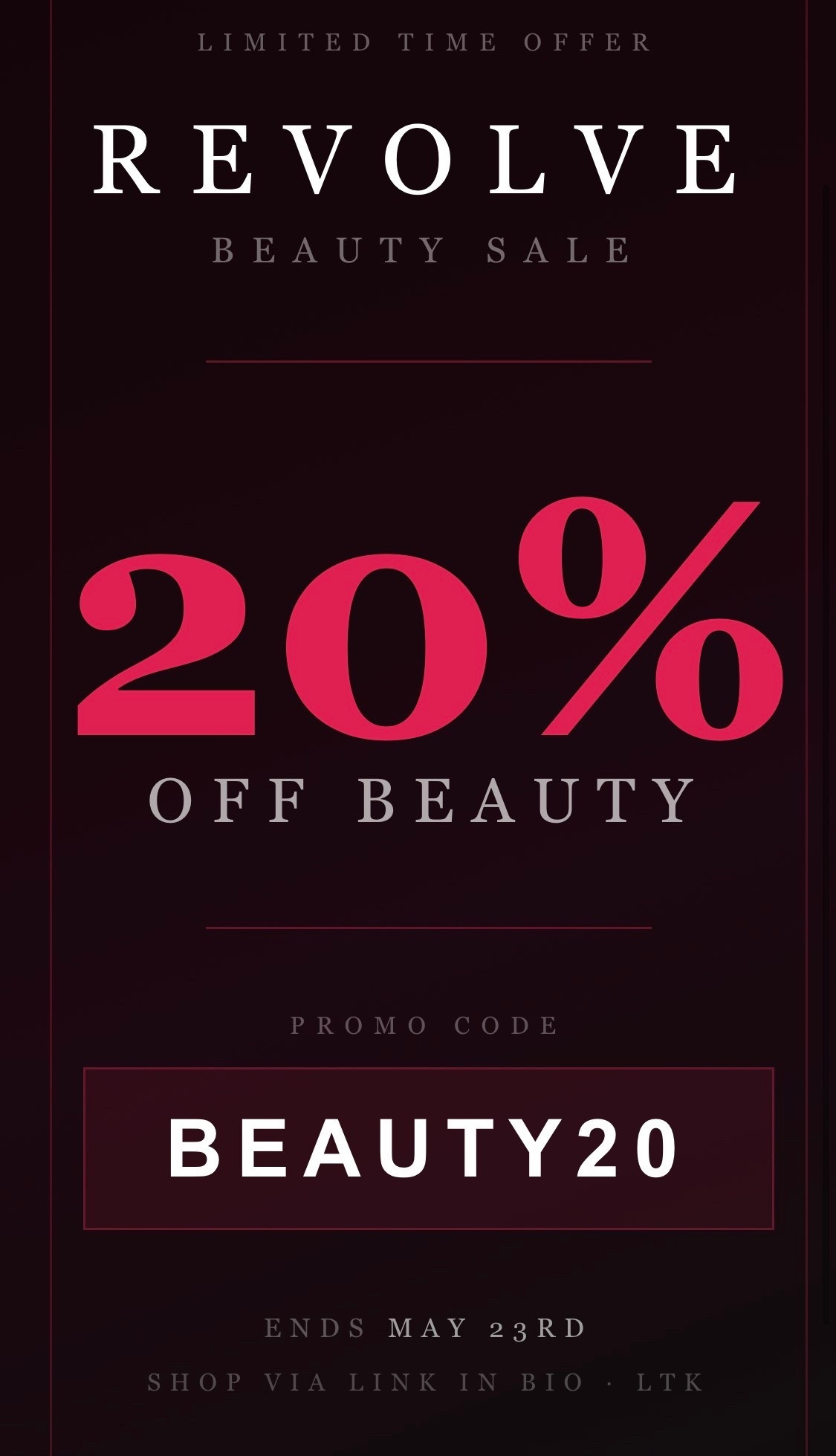 “The Beauty Sale You’ve Been Waiting For”

The Revolve Beauty Sale is LIVE and I couldn’t keep this to myself ✨
20% off my favorite luxury beauty products — the ones actually worth it.
Use code BEAUTY20 at checkout 🖤
This ends May 23rd so don’t sleep on it 🚨
Everything is linked in my LTK — link in bio 👇
#RevolvBeauty #BeautySale #LTKbeauty #LuxuryBeauty #TikTokMadeMeBuyIt #BeautyFinds #LTKsale #GlowUp