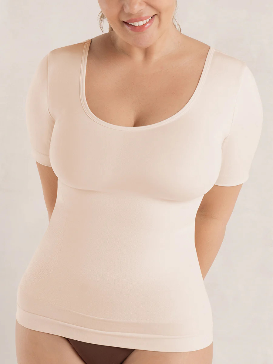 Shapermint Essentials All Day Every Day Short Sleeve Shaping T-Shirt Shapewear Chai M | Shapermint