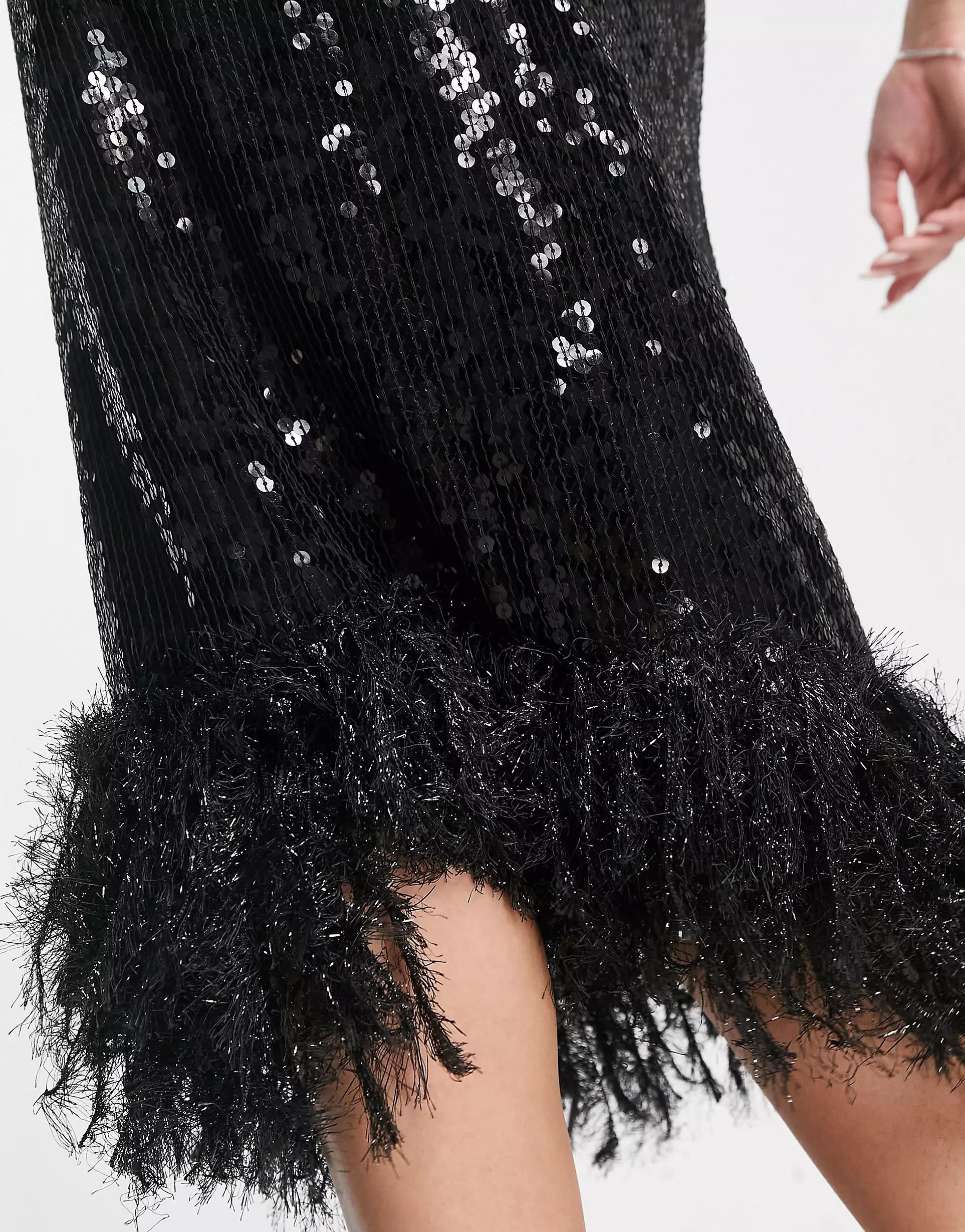 ASOS DESIGN strappy sequin maxi dress with faux feather hem detail in black | ASOS (Global)