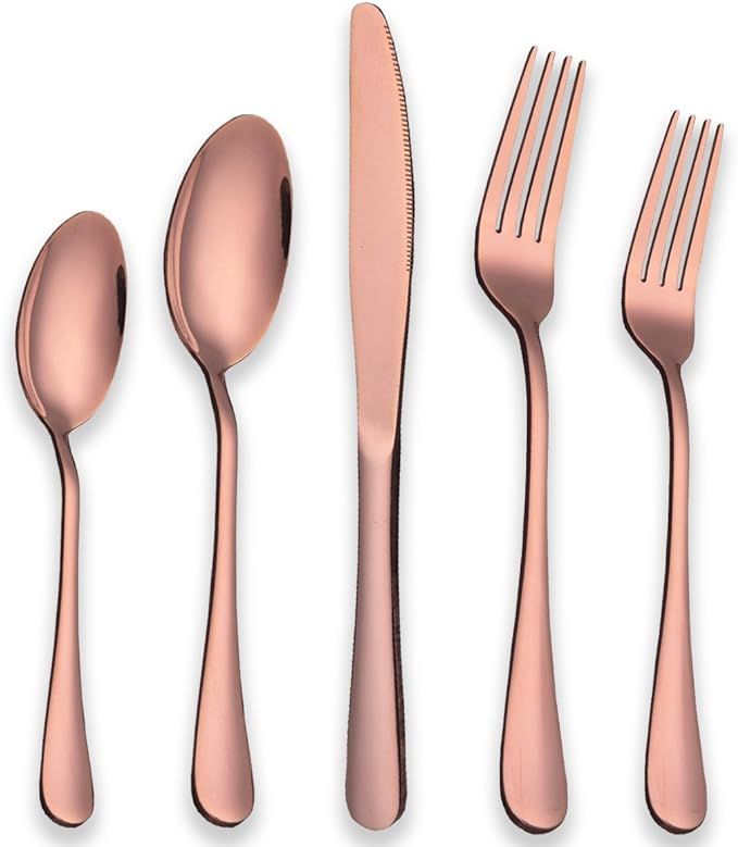 Berglander Rose Gold Silverware Set, 20 Piece Stainless Steel Copper Flatware Set Cutlery Sets, S... | Amazon (US)