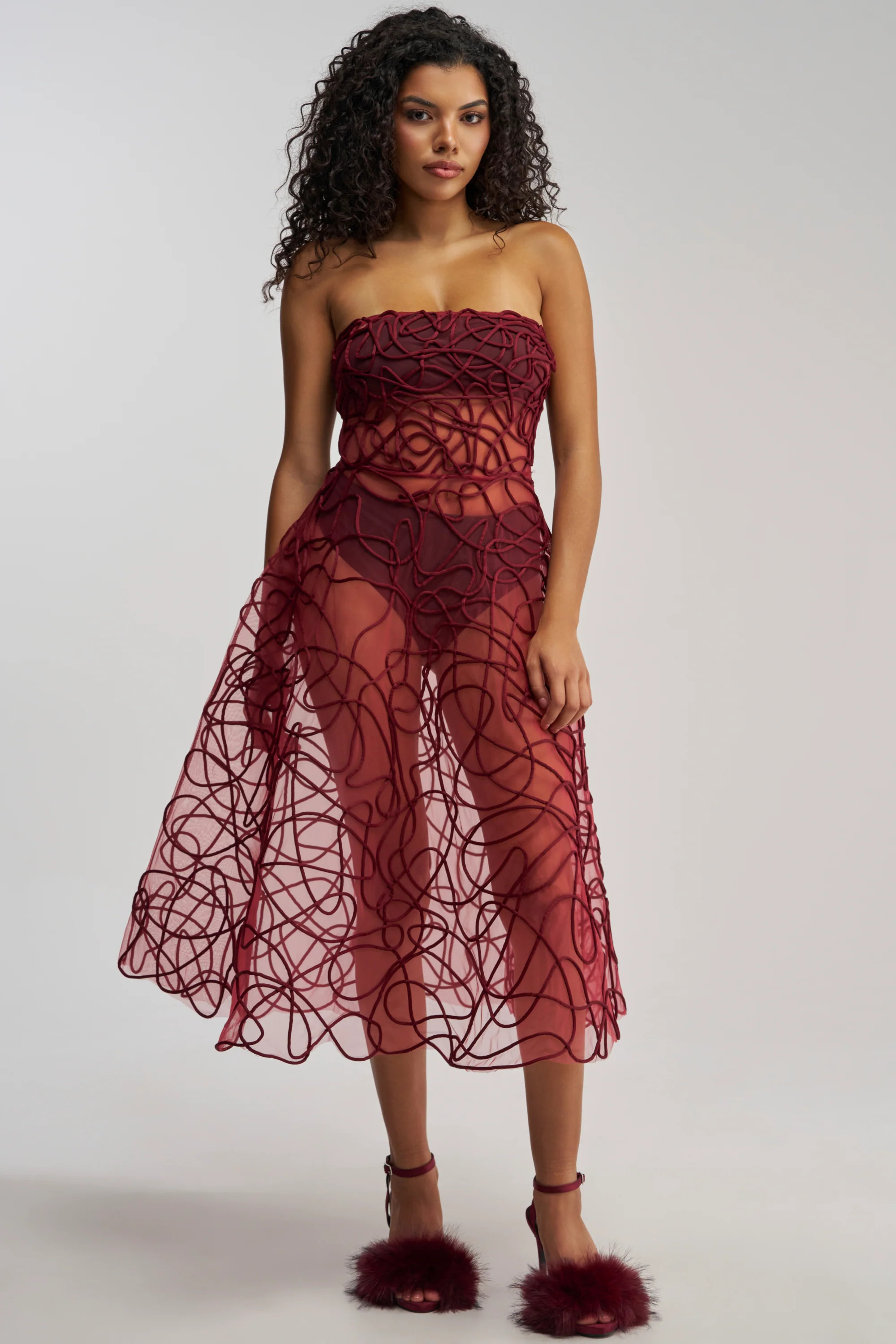 Burgundy Abstract Mesh Midi Dress, Strapless | AKIRA | AKIRA