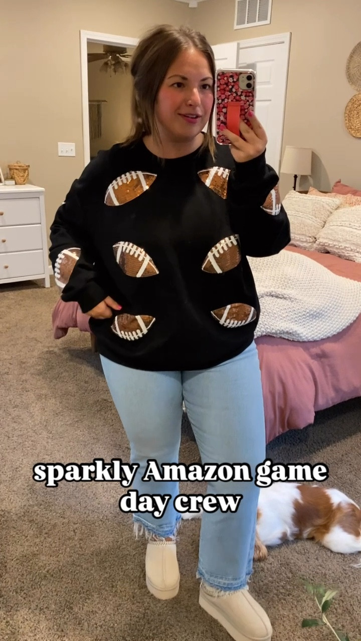 Obsessed with this sparkly football crew from Amazon! Love this for game day!!!

clogs: fit true to size // wearing a 5
jeans: fit true to size // wearing a 31 regular
crew: fits oversized // wearing a large

#LTKFindsUnder100 #LTKFindsUnder50 #LTKStyleTip