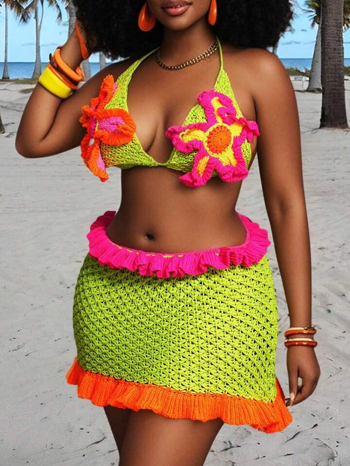 Slaydiva 2025 Spring/Summer New Arrival Bohemian Music Festival Easter Western Nomad Boho Nashville Birthday Party Graduation Student Daily Casual Basic Versatile Vacation Cruise Beach Sunbathe Leisure Two Pieces Set - Colorblock Crochet Spaghetti Strap Crop Top And Tiered Ruffle Hem Mini Skirt, Plus Size | SHEIN