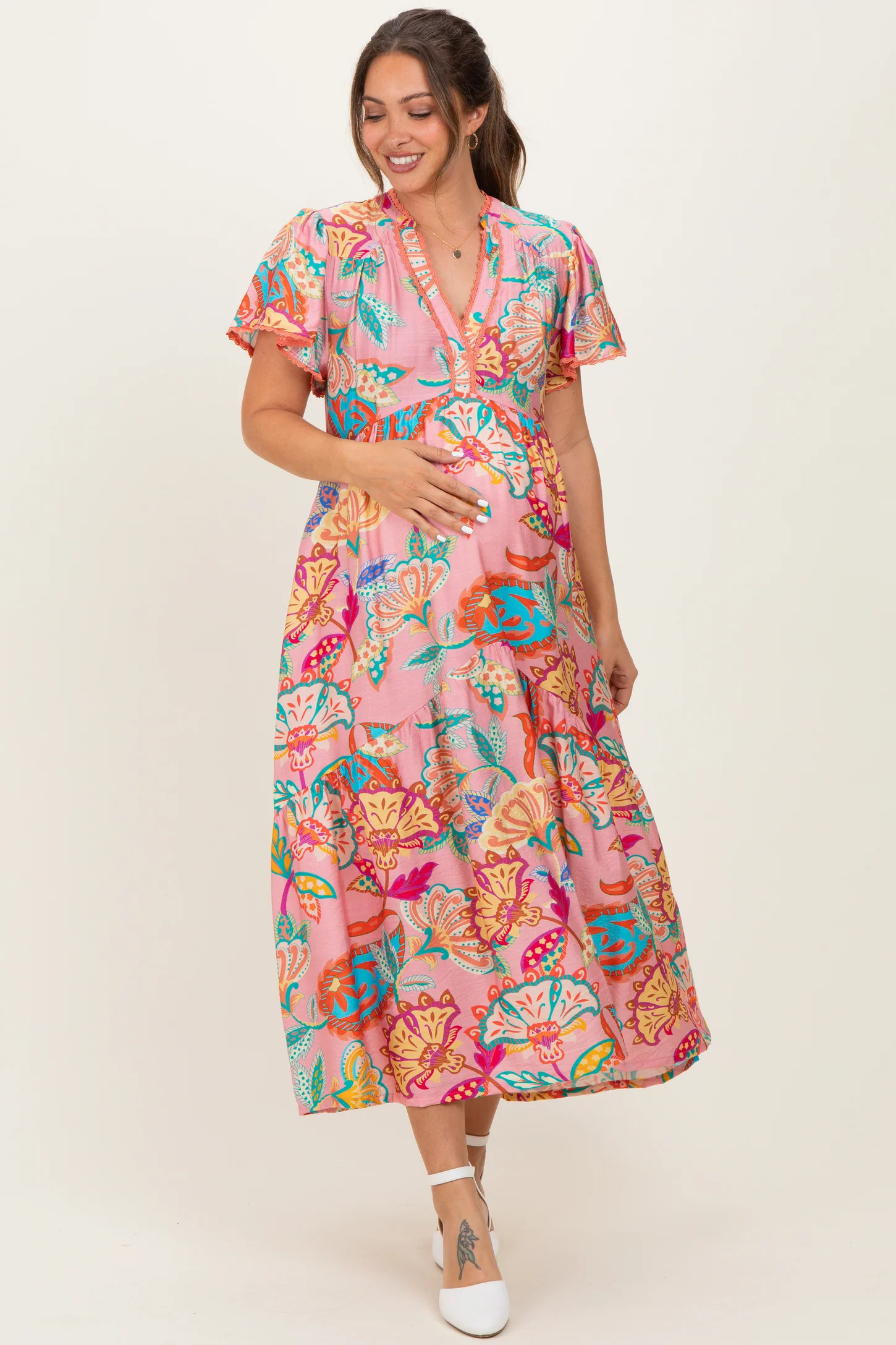 Pink Boho Print Lace Trim Tiered Maternity Midi Dress | PinkBlush Maternity