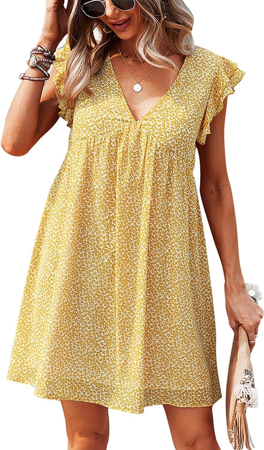 CCTOO Women’s Summer Dress Sleeveless Ruffle V Neck Tunic Dress Floral Casual Loose Flowy Mini ... | Amazon (US)