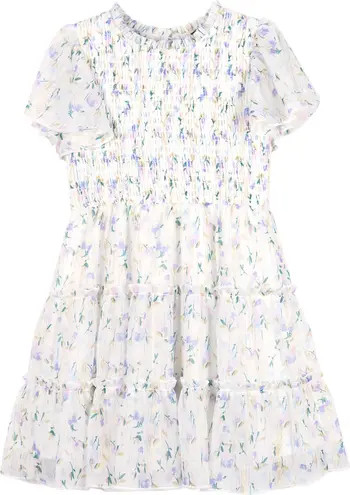 Kids' Metallic Floral Flutter Sleeve Smocked Bodice Party Dress | Nordstrom