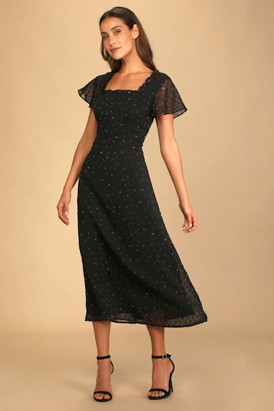 So Kiss Me Black Floral Print Swiss Dot Maxi Dress | Lulus