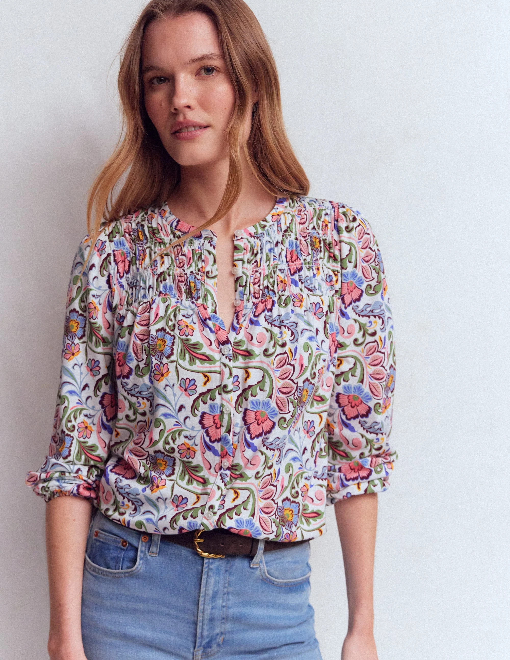 Mya Smocked Jersey Shirt-Multi, Flourishing Meadow | Boden (US)