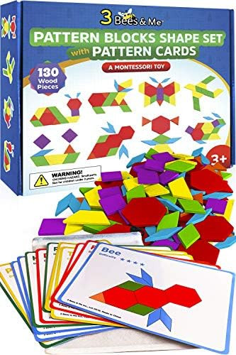 3 Bees & Me Wooden Pattern Blocks - Fun Montessori Learning Toys for Ages 3 to 9 - Tangram Shapes Se | Amazon (US)