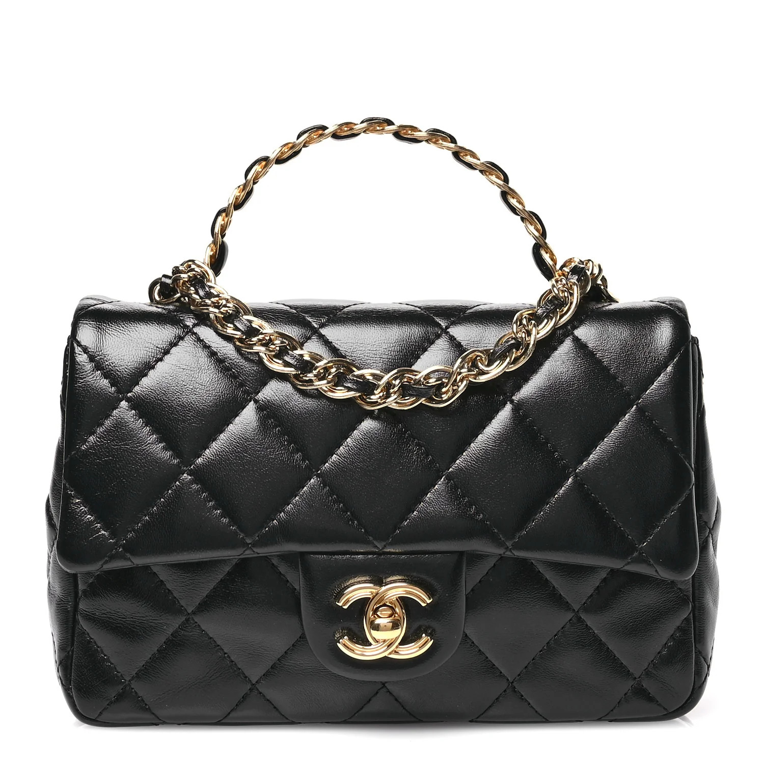 Shiny Lambskin Quilted Golden Links Top Handle Flap Black | FASHIONPHILE (US)