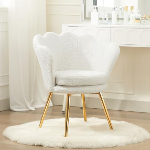 Czlolo Teddy Vanity Chair with Back, Mid-Century Modern Small Accent Chair for Living Room, Golden Metal Legs Upholstered Boucle Makeup Chair, 1Pcs Bedroom Armchair, White | Amazon (US)