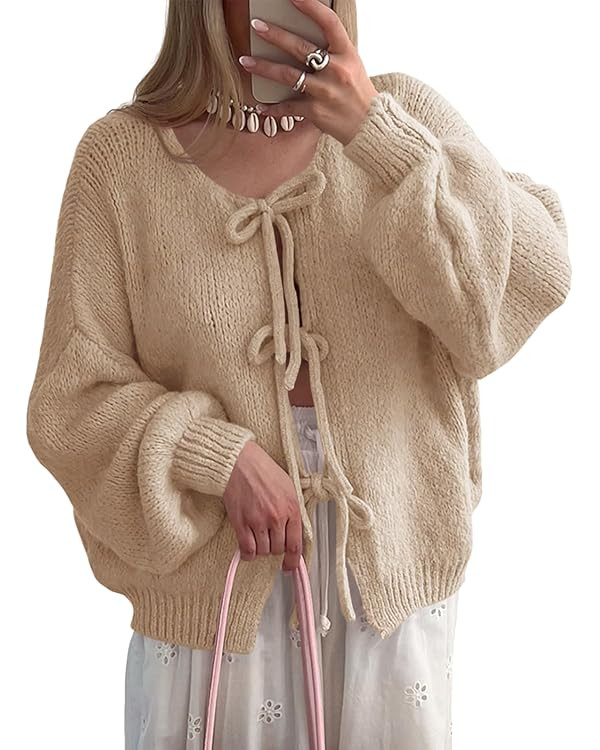 UNCLECAT Womens Bow Tie Front Cardigan Sweaters Oversized Fall Open Front Cardigans Cute Loose Kn... | Amazon (US)