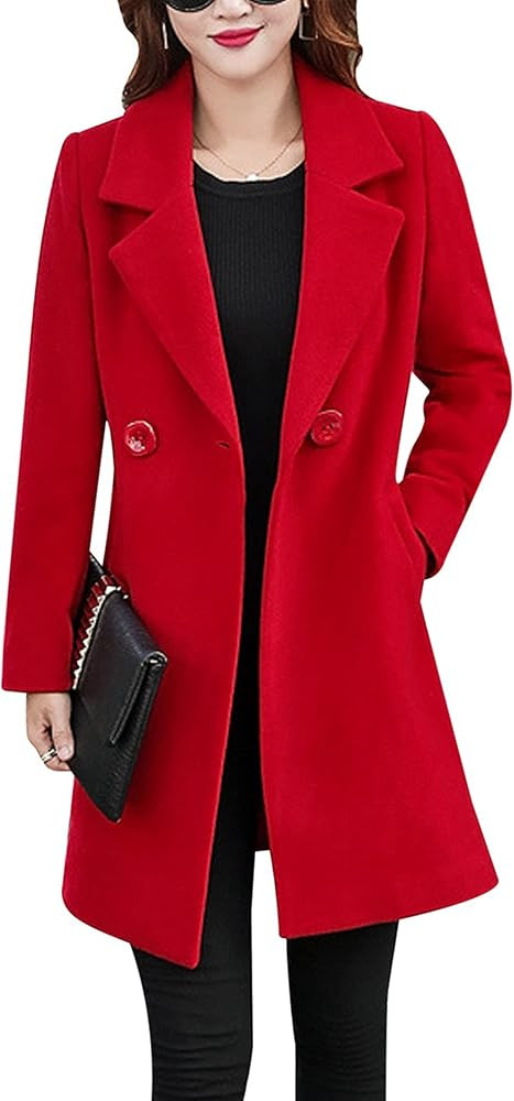 Tanming Womens Elegant Notched Collar Button Wool Blend Solid Long Pea Coat Overcoat | Amazon (US)
