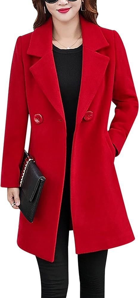 Tanming Womens Elegant Notched Collar Button Wool Blend Solid Long Pea Coat Overcoat | Amazon (US)