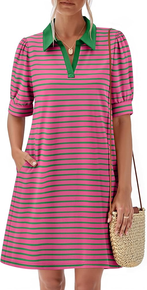 ZESICA Women's Summer Casual Striped Mini Dresses 2025 Lapel V Neck Short Sleeve Flowy A Line T S... | Amazon (US)