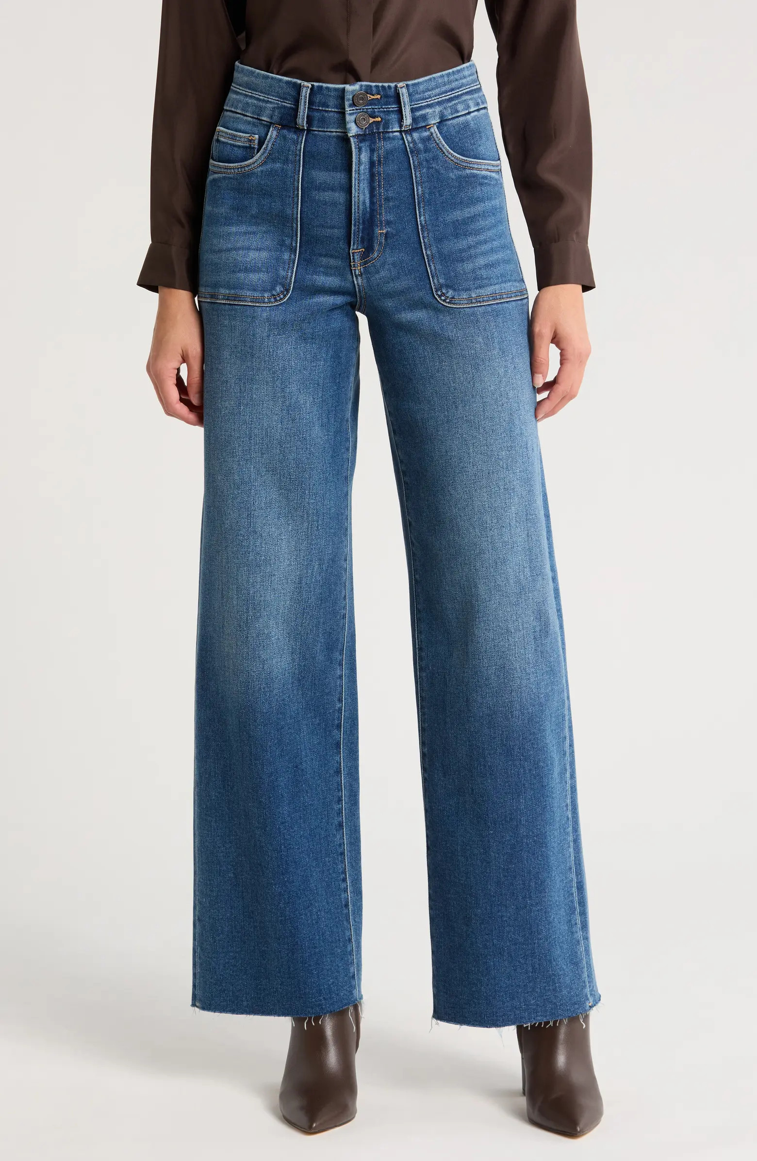 HIDDEN JEANS Raw Hem Patch Pocket High Waist Wide Leg Jeans | Nordstrom | Nordstrom