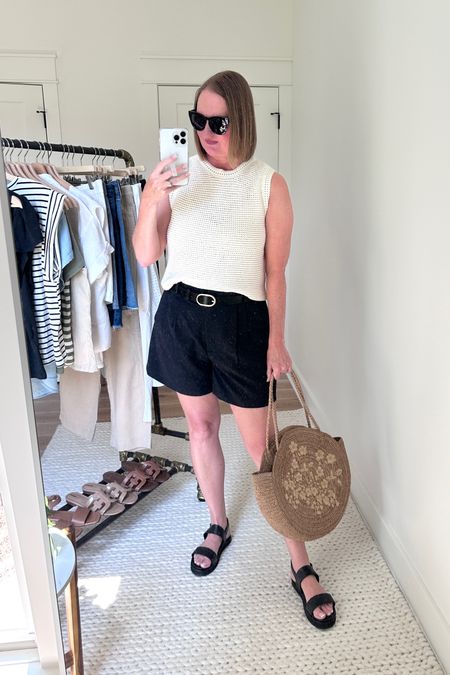 Minimal and chic summer outfit ☀️

Crochet sweater tank top
Black trouser shorts
Black strap sandals
Rattan straw tote

#LTKOver40 #LTKMidsize