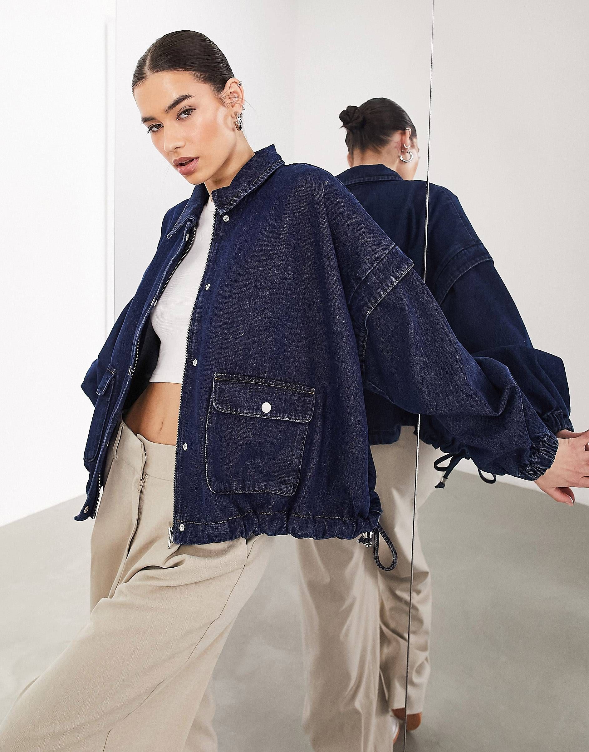 ASOS EDITION denim bomber jacket with collar in mid blue | ASOS (Global)