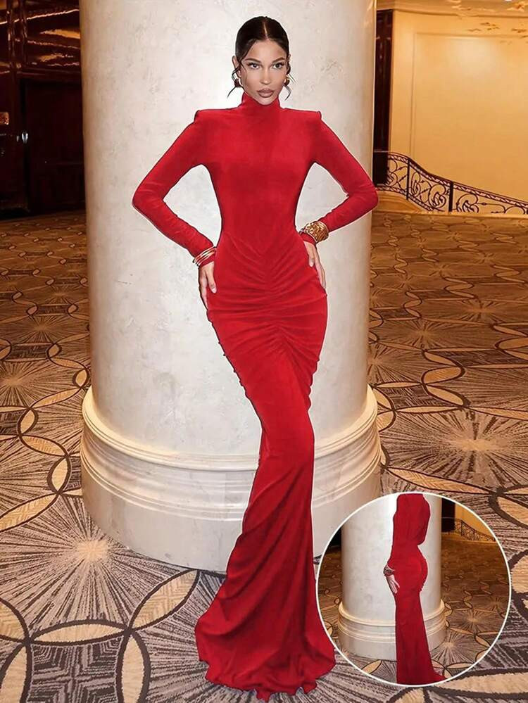 Vuslat Women's Spring Knit Elegant Fitted Stretchy Sexy Vintage Long Sleeve Stand Collar Ruched Mermaid Dress, Suitable For Valentine's Day, Wedding Guest, Birthday And Other Occasions, Elegant Women's Apparel, Y2K Style, Red Dress | SHEIN