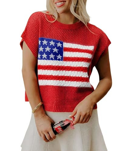 SELINK Womens Summer Crochet Tops Hollow Out Cap Sleeve American Flag Crew Neck Graphic Pullover Sweater Fiery Red-S | Amazon (US)