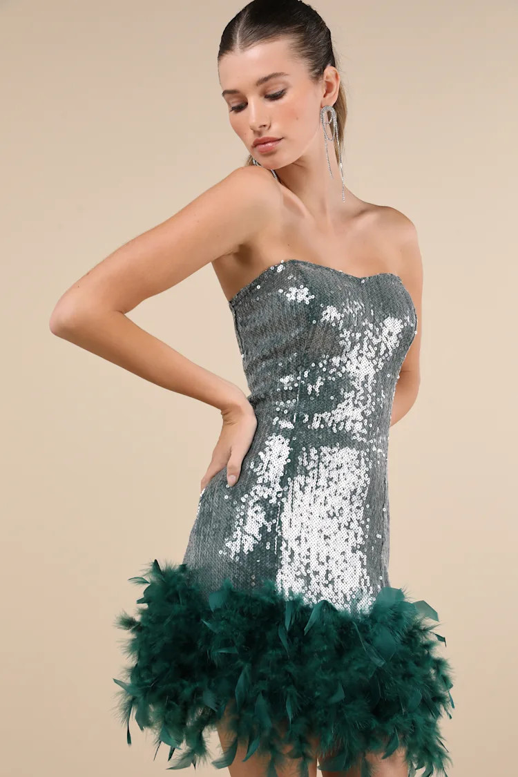 Especially Fabulous Emerald Sequin Feather Strapless Mini Dress | Lulus