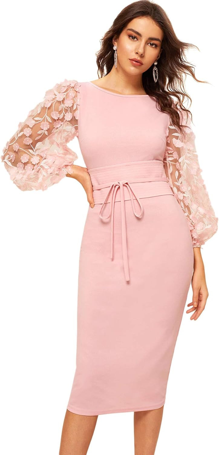 SheIn Women's Elegant Mesh Contrast Bishop Sleeve Tie Front Bodycon Pencil Dress | Amazon (US)