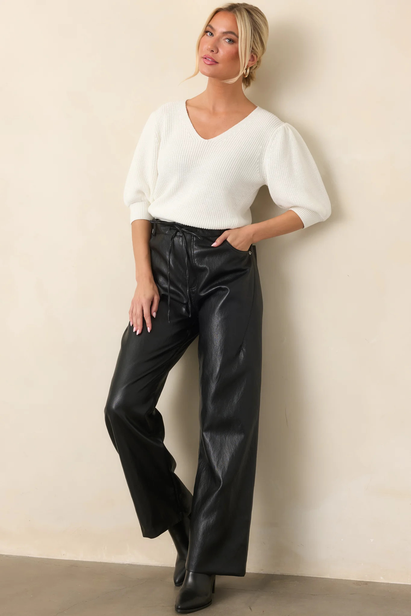 Worth Knowing Ivory V-Neck Puff Sleeve Sweater | Red Dress