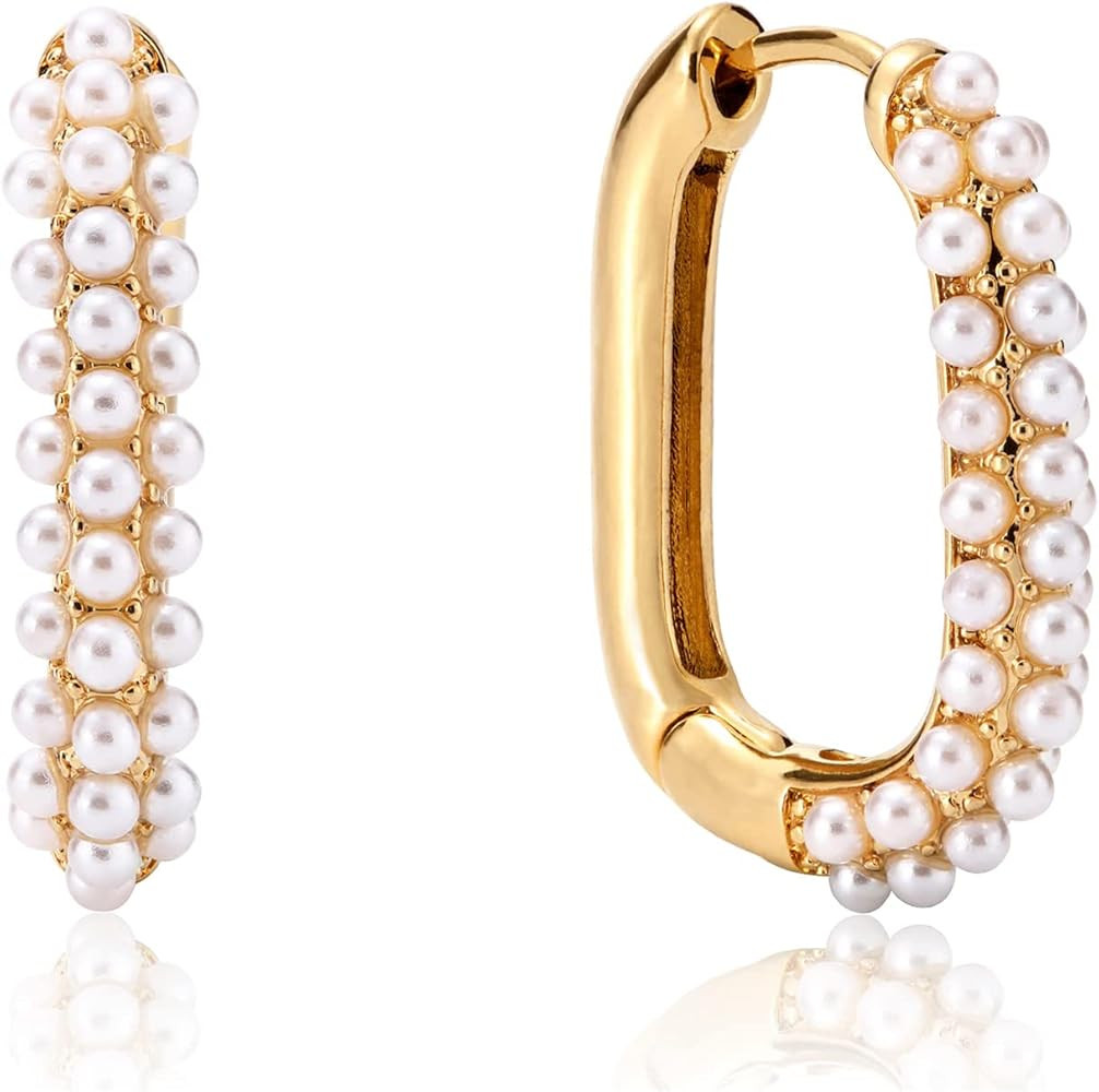 Kenivira Pearl Hoop Earrings for Women | 18K Gold Huggie Earrings | Lightweight Chunky Hoops for ... | Amazon (US)