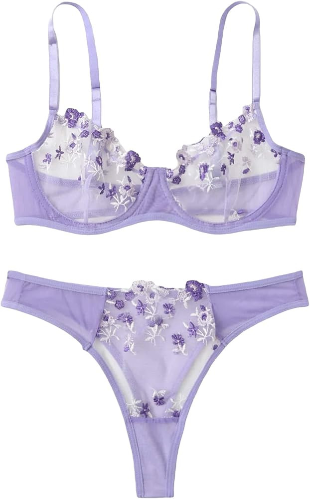 WDIRARA Women's 2 Piece Floral Embroidery Underwire Lingerie Set Mesh Bra and Panty Set | Amazon (US)