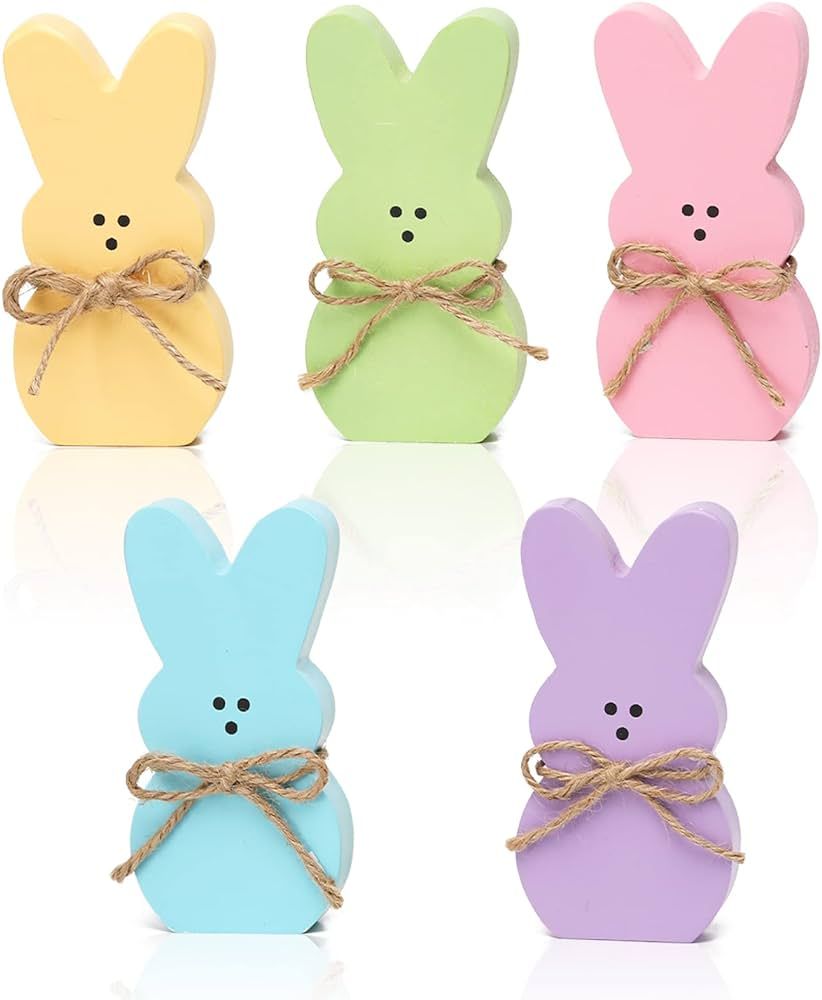5Pcs Easter Wooden Peep Bunny Sign Tiered Tray Decor, Rabbit Table Centerpieces with Jute Rope Ea... | Amazon (US)