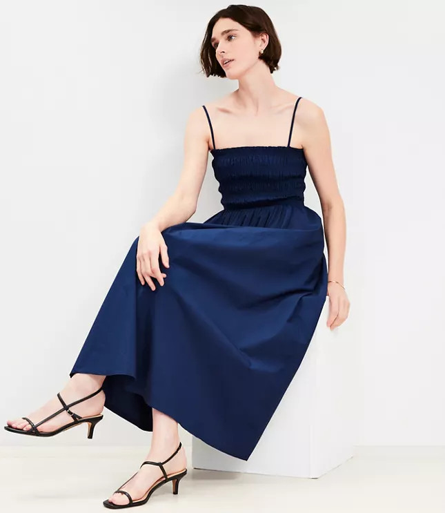 Poplin Smocked Strappy Maxi Pocket Dress | LOFT