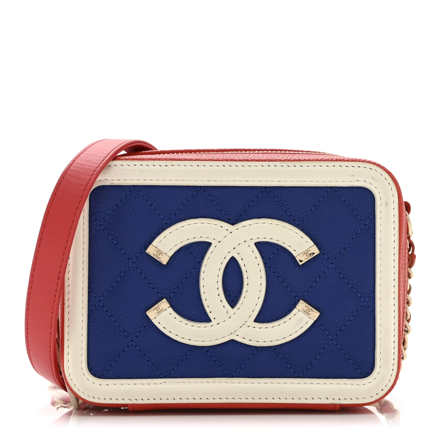 Caviar Quilted Filigree Vanity Clutch With Chain Blue White Red | FASHIONPHILE (US)