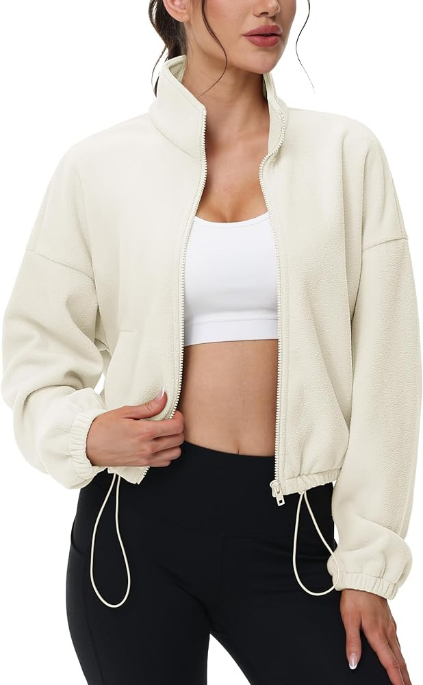 MAGCOMSEN Women's Full Zip Fleece Jacket Cropped Warm Winter Coats with Pockets Stand Collar Work... | Amazon (US)