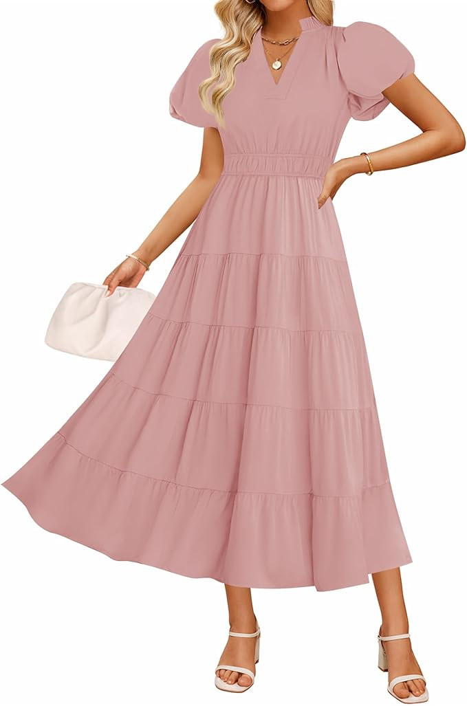 ZESICA Women's Summer Casual Maxi Dress 2026 Puff Short Sleeve V Neck Ruffle Tiered Flowy Boho Be... | Amazon (US)