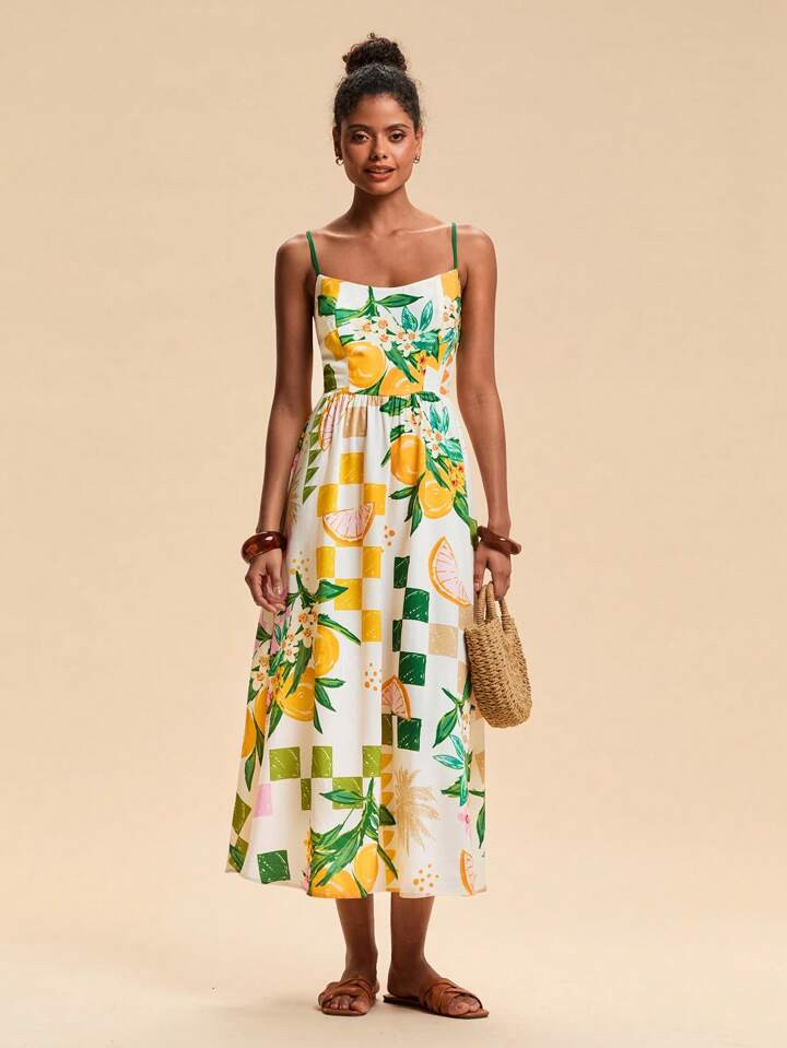 Travachic Summer Vacation Fruit Print Spaghetti Strap Dresses For Women,Coachella,Summer Outfits For Women,Beachwear,Easter,Beach Outfits For Women,Vacation Outfits Women,Boho,Music Festival | SHEIN