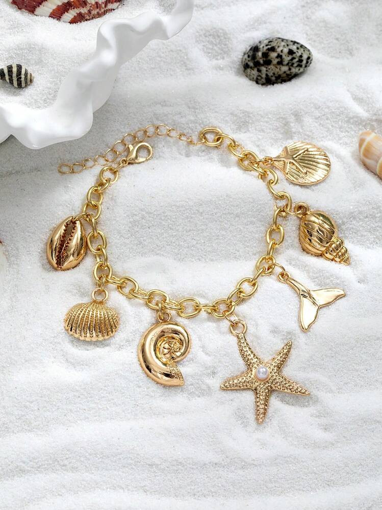 1pc 18K Gold Plated Alloy Starfish, Shell, Mermaid Pendant Bracelet, Suitable For Daily Wear And ... | SHEIN