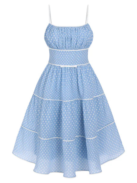 Sky Blue 1950s Strap Polka Dot Swing Dress | Retro Stage