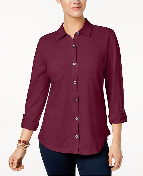 Petite Button-Down Roll-Tab Shirt, Created for Macy's | Macys (US)