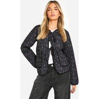 boohoo Women's Floral Bow Detail Quilted Jacket in Blue | Size: 4 | Denim | boohoo (US & Canada)