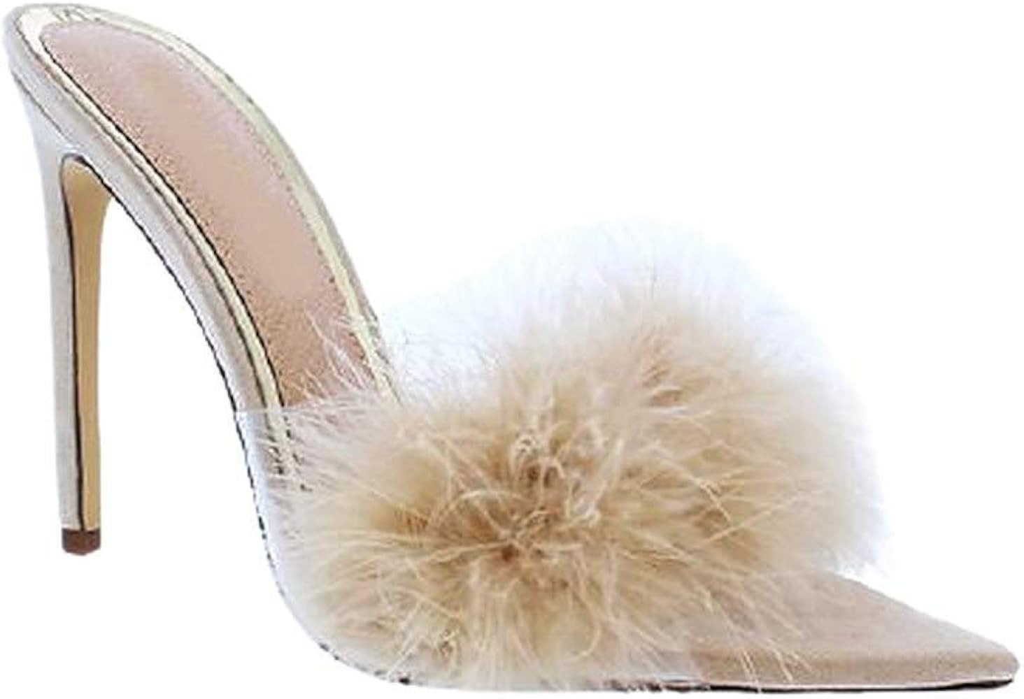 Women's Stiletto High Heel Faux Fur Slip On Mule Slide Sandal | Amazon (US)