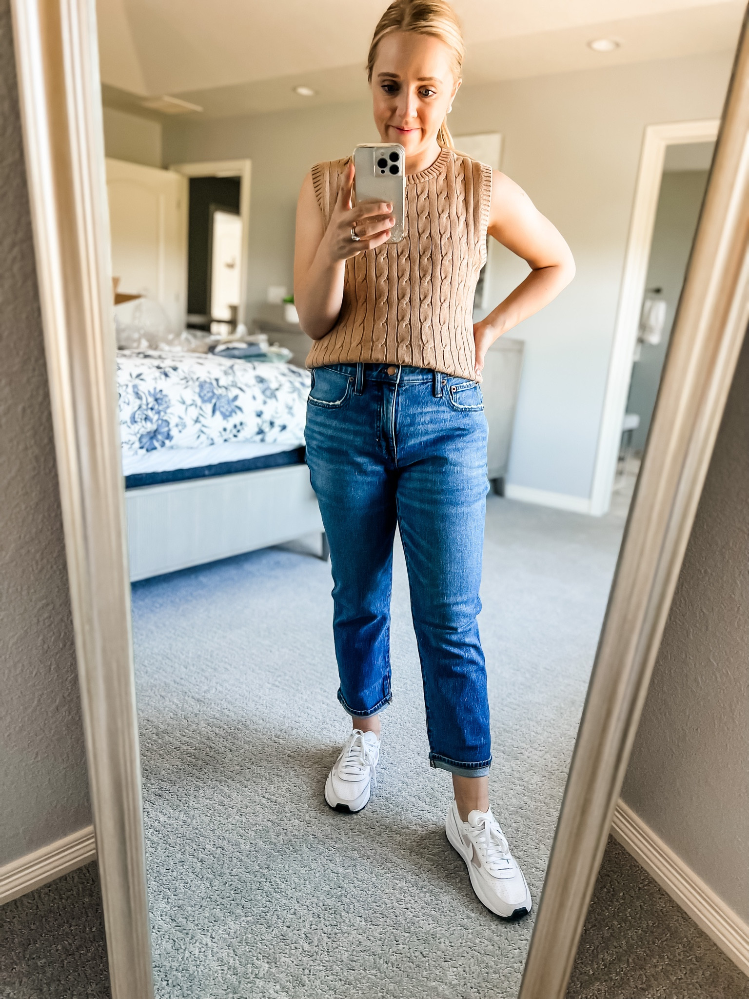 50% off this sweater vest! Wear with  a button up underneath or sleeveless for early fall. Fits true to size. Fall outfit. Fall outfits. Casual outfit. 

#LTKsalealert